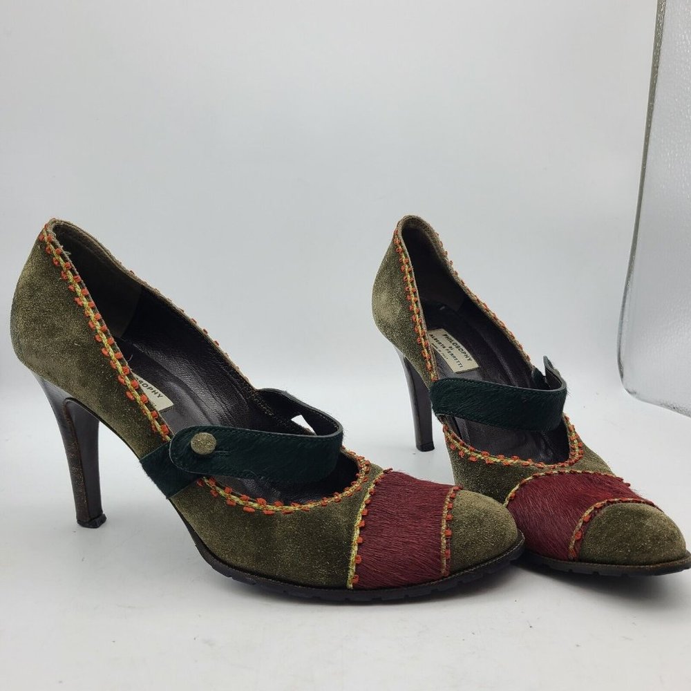 Philosophy Alberta Ferretti Designer heels pumps green red calf hair sz 8.5 39 - Picture 2 of 11